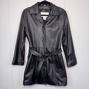 Modern Essentials Mid Length Trench Black Leather Jacket Belted Tie Waist S
